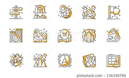 Navigation icons set in outline stroke design for web. Pack line pictograms with direction signpost, home location pin, globe, forest, office, map, house, route, compass, other. Vector illustration. 136198766