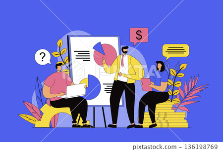 Business training concept with modern flat design for web. Colleagues listening to coach at business meeting, improving and learning professional skills for career development. Vector illustration. Business training concept with modern flat design for web. Colleagues listening to coach at business meeting, improving and learning professional skills for career development. Vector illustration. 136198769