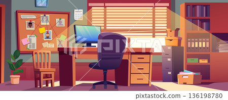 Detective office interior background for banner design. Empty police room with computer on table and chair, investigation map on pin board, archives in box and bookcase. Vector cartoon illustration Detective office interior background for banner design. Empty police room with computer on table and chair, investigation map on pin board, archives in box and bookcase. Vector cartoon illustration 136198780