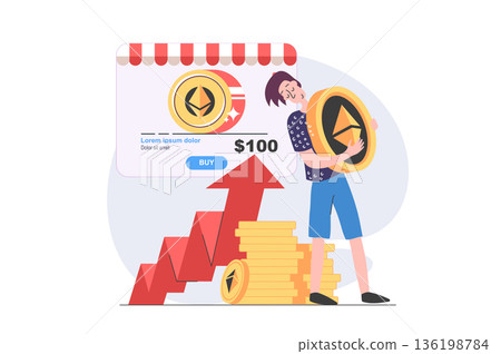 Cryptocurrency marketplace concept in modern flat design for web. Man earning crypto money at digital wallets, investing digital finance in coins and getting financial growth. Vector illustration. 136198784