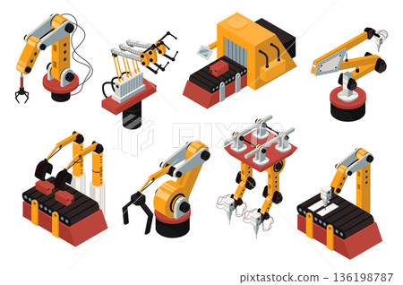 Robot automation 3d isometric mega set in isometry graphic design. Collection elements of different types robotic arms and tools for automatic manufacturing and conveyer lines. Vector illustration. Robot automation 3d isometric mega set in isometry graphic design. Collection elements of different types robotic arms and tools for automatic manufacturing and conveyer lines. Vector illustration. 136198787