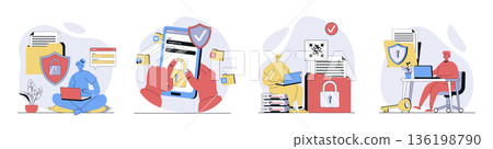 Cyber security concept set in flat design for web. Collection with people using account passwords to protect data, saving documents and personal profiles with firewall service. Vector illustrations. 136198790