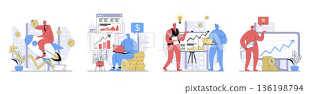 Business growth concept set in flat design for web. Collection with people launch startup company, make data analysis, developing project together, get financial arrow increase. Vector illustrations. Business growth concept set in flat design for web. Collection with people launch startup company, make data analysis, developing project together, get financial arrow increase. Vector illustrations. 136198794
