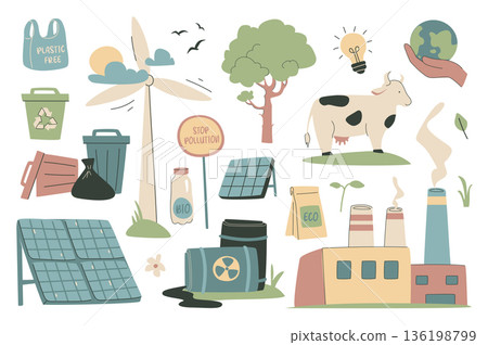 Ecology set in flat graphic design. Collection isolated elements of bag plastic free, recycling waste, solar panel, wind turbine, forest tree, local farm, support earth, other. Vector illustration. 136198799