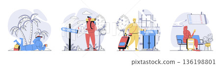 Travelling concept set in flat design for web. Collection with people go in vacation at sea beach, hiking in mountains, waiting boarding at airport, booking hotel room in trip. Vector illustrations. 136198801