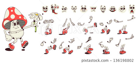 Mushroom cartoon character with groovy comic faces set. Funny amanita mascot with bundle of happy, love, sad, angry, whistle and other facial emotions, legs poses, hands gestures. Vector illustration. 136198802