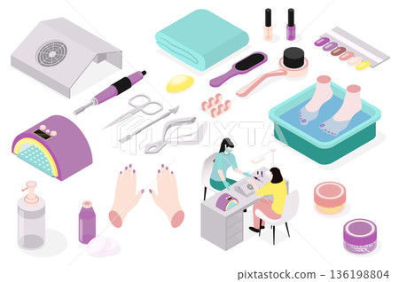 Manicure salon 3d isometric mega set in isometry graphic design. Collection elements of lamp, scissors, brush, towel, nail polish, color samples, hands, manicurist, other tools. Vector illustration. 136198804