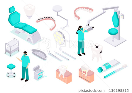 Stomatology 3d isometric mega set in isometry graphic design. Collection elements of patient chair, braces, dentures, lamp, tools, examination mirror, dentist, toothbrush, other. Vector illustration. 136198815