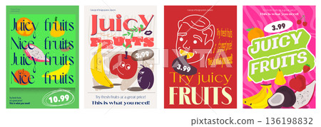 Juicy fruits cover typography template for advertising design. Food posters and greeting cards with tropical dragon fruit, banana, apple, plum, coconut, orange, lemon and other. Vector illustration. Juicy fruits cover typography template for advertising design. Food posters and greeting cards with tropical dragon fruit, banana, apple, plum, coconut, orange, lemon and other. Vector illustration. 136198832