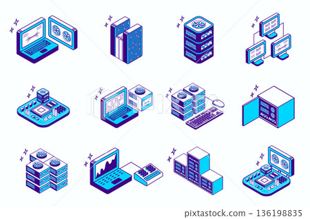 Data center concept 3d isometric icons set for web isometry design. Collection elements of laptop processing, hardware infrastructure, rack system, connection, computing, more. Vector illustration. Data center concept 3d isometric icons set for web isometry design. Collection elements of laptop processing, hardware infrastructure, rack system, connection, computing, more. Vector illustration. 136198835