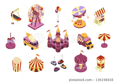 Amusement park 3d isometric mega set in flat design. Collection isometry elements of different carousels, ferris wheel, balloons, street food kiosk, magic castle, circus, other. Vector illustration. 136198838