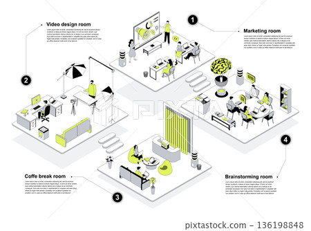 Designer studio 3d isometric concept in outline design for web. People working at marketing, video creating and brainstorming isometry rooms, relaxing at coffee break space. Vector illustration. Designer studio 3d isometric concept in outline design for web. People working at marketing, video creating and brainstorming isometry rooms, relaxing at coffee break space. Vector illustration. 136198848