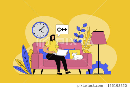 Freelance work concept with modern flat design for web. Woman designer working on laptop online and sitting at apartment, doing job tasks distantly and communicating in internet. Vector illustration. Freelance work concept with modern flat design for web. Woman designer working on laptop online and sitting at apartment, doing job tasks distantly and communicating in internet. Vector illustration. 136198850