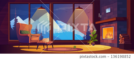 Fireplace room interior at chalet house at night background banner for game design. Cosy living room with chair, cat on couch, warm lights, huge window with mountains view. Vector cartoon illustration Fireplace room interior at chalet house at night background banner for game design. Cosy living room with chair, cat on couch, warm lights, huge window with mountains view. Vector cartoon illustration 136198852