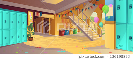 School hallway interior with holiday decor background for banner design. Empty lobby room with closed lockers, doors in classes, stairway, festive garlands and balloons. Vector cartoon illustration 136198853