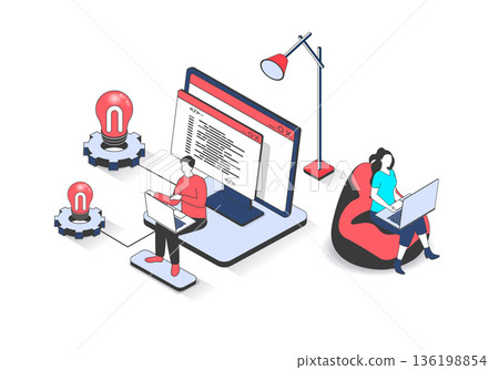 Software programming 3d isometric concept with isometry people design for web. Man and woman creating code at screens for new apps and programs, designer team working at laptops. Vector illustration. 136198854