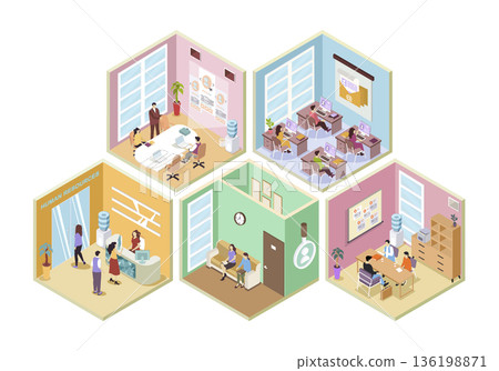 HR agency 3d isometric rooms concept in isometry graphic design for web. People registreting at reception, waiting in hall, managers works at office, interviewing recruiters. Vector illustration. 136198871