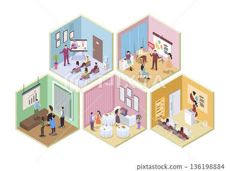 Business training 3d isometric rooms concept in isometry graphic design for web. People learning at conference hall, meeting and coaching, teacher making presentation in class. Vector illustration. 136198884