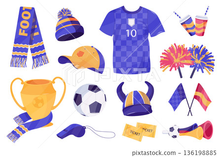 Football items mega set elements in flat cartoon graphic design. Bundle objects of fan scarf and hat, player t-shirt, cap, trophy gold cup, ball, whistle, tickets, flags, other. Vector illustration. 136198885