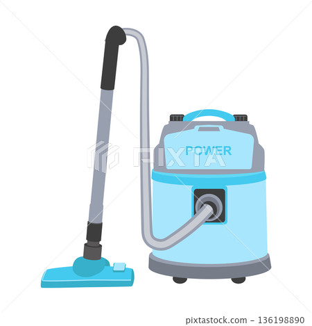 Blue vacuum cleaner in flat design. Retro hoover, housekeeping appliance. Vector illustration isolated. Blue vacuum cleaner in flat design. Retro hoover, housekeeping appliance. Vector illustration isolated. 136198890