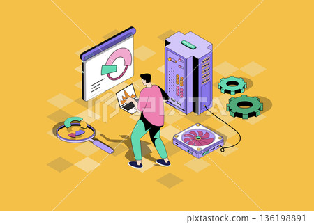 Seo optimization web concept in 3d isometric graphic design. Isometry people scene with man making data analysis, selecting keywords and optimizes site rating and traffic growth. Vector illustration. Seo optimization web concept in 3d isometric graphic design. Isometry people scene with man making data analysis, selecting keywords and optimizes site rating and traffic growth. Vector illustration. 136198891
