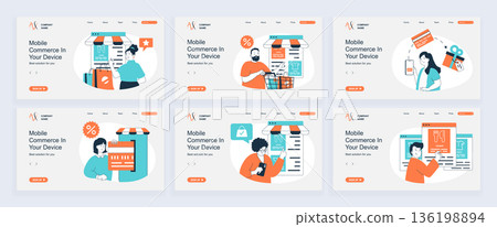 Mobile commerce concept of landing page with slide templates set in flat design. Website headers with people making purchases using app, paying online orders with credit cards. Vector illustrations. Mobile commerce concept of landing page with slide templates set in flat design. Website headers with people making purchases using app, paying online orders with credit cards. Vector illustrations. 136198894