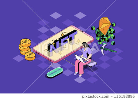NFT token web concept in 3d isometric graphic design. Isometry people scene with woman buying virtual art paintings and electronic crypto artworks at online gallery marketplace. Vector illustration. NFT token web concept in 3d isometric graphic design. Isometry people scene with woman buying virtual art paintings and electronic crypto artworks at online gallery marketplace. Vector illustration. 136198896