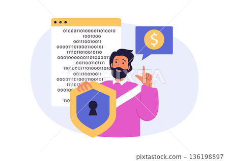Cyber security concept in modern flat design for web. Man using protective system for his personal finance accounts with encryptions and locking access with key verification. Vector illustration. Cyber security concept in modern flat design for web. Man using protective system for his personal finance accounts with encryptions and locking access with key verification. Vector illustration. 136198897