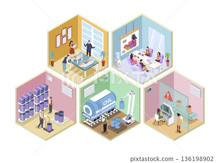 Oil industry 3d isometric rooms concept in isometry graphic design for web. People working tanker ship transportation company, loading petroleum barrels at storage warehouse. Vector illustration. Oil industry 3d isometric rooms concept in isometry graphic design for web. People working tanker ship transportation company, loading petroleum barrels at storage warehouse. Vector illustration. 136198902