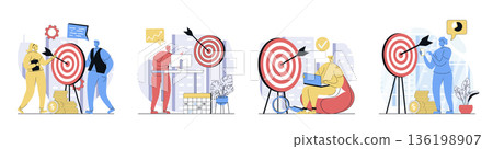 Business target concept set in flat design for web. Collection with people planning strategy and company mission, hitting bullseye at dartboard, achieving goals and challenges. Vector illustrations. Business target concept set in flat design for web. Collection with people planning strategy and company mission, hitting bullseye at dartboard, achieving goals and challenges. Vector illustrations. 136198907
