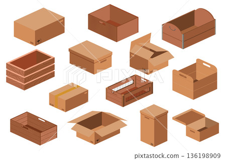 Wooden and cardboard boxes set in flat graphic design. Collection isolated elements with empty packaging, opened and closed containers, shipping packages, crates and parcels. Vector illustration. Wooden and cardboard boxes set in flat graphic design. Collection isolated elements with empty packaging, opened and closed containers, shipping packages, crates and parcels. Vector illustration. 136198909
