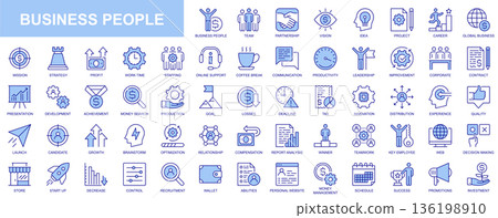 Business people web icons set in duotone outline stroke design. Pack pictograms with team, vision, idea, project, career, mission, strategy, profit, work time, staff, startup. Vector illustration. Business people web icons set in duotone outline stroke design. Pack pictograms with team, vision, idea, project, career, mission, strategy, profit, work time, staff, startup. Vector illustration. 136198910