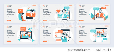 Video streaming concept of landing page with slide templates set in flat design. Website headers with people watching blogger live translation or video, record content in blogs. Vector illustrations. Video streaming concept of landing page with slide templates set in flat design. Website headers with people watching blogger live translation or video, record content in blogs. Vector illustrations. 136198913