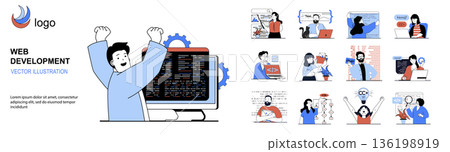 Web development concept with character situations mega set in flat design. Bundle of scenes people creating websites and homepages, programming projects and working with code. Vector illustrations. Web development concept with character situations mega set in flat design. Bundle of scenes people creating websites and homepages, programming projects and working with code. Vector illustrations. 136198919