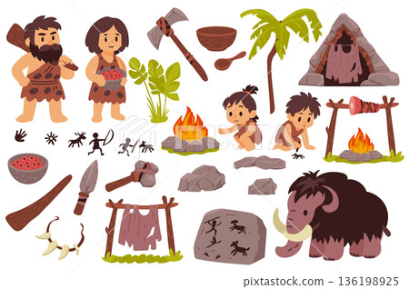 Stone age characters set in flat graphic design. Collection isolated elements with caveman family with children, plants, tools and weapons, cave housing, rock paintings, other. Vector illustration. Stone age characters set in flat graphic design. Collection isolated elements with caveman family with children, plants, tools and weapons, cave housing, rock paintings, other. Vector illustration. 136198925