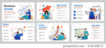 Business growth concept for presentation slide template. Businessman and businesswoman analyze financial data, develop successful strategy, work management. Vector illustration for layout design Business growth concept for presentation slide template. Businessman and businesswoman analyze financial data, develop successful strategy, work management. Vector illustration for layout design 136199271