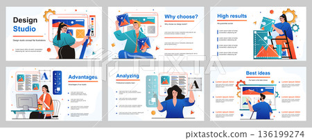 Design studio concept for presentation slide template. Illustrators draw images, graphic elements, choose colors and fonts, works at computer in creative agency. Vector illustration for layout design 136199274