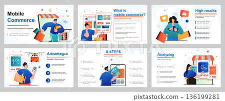 Mobile commerce concept for presentation slide template. People customers shopping in mobile application, online payment, ordering home delivery for purchases. Vector illustration for layout design 136199281