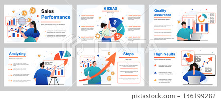 Sales performance concept for presentation slide template. People analyze financial data, business analytics and income growth, work with charts and graphs. Vector illustration for layout design Sales performance concept for presentation slide template. People analyze financial data, business analytics and income growth, work with charts and graphs. Vector illustration for layout design 136199282