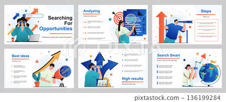 Searching for opportunities concept for presentation slide template. People looking telescope, choosing direction, new success business, employee career growth. Vector illustration for layout design Searching for opportunities concept for presentation slide template. People looking telescope, choosing direction, new success business, employee career growth. Vector illustration for layout design 136199284