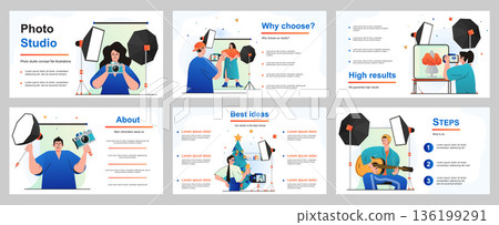 Photo studio concept for presentation slide template. People work as photographers, do photo shoots in professional studio with special lighting and equipment. Vector illustration for layout design 136199291