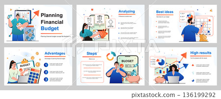 Planning financial budget concept for presentation slide template. People make accounting analysis of statistics income and expenses, savings, financial plan. Vector illustration for layout design Planning financial budget concept for presentation slide template. People make accounting analysis of statistics income and expenses, savings, financial plan. Vector illustration for layout design 136199292
