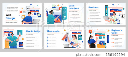 Web design concept for presentation slide template. Designers create and optimize layout of website, select colors of user interface, place elements and graphics. Vector illustration for layout design 136199294
