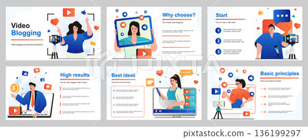 Video blogging concept for presentation slide template. People creating videos on different topics. Bloggers are recording content or streaming live at channels. Vector illustration for layout design Video blogging concept for presentation slide template. People creating videos on different topics. Bloggers are recording content or streaming live at channels. Vector illustration for layout design 136199297