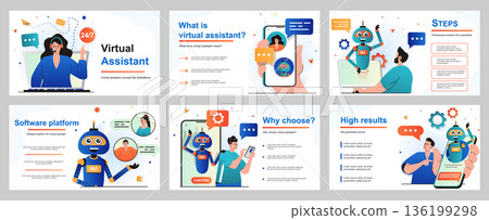 Virtual assistant concept for presentation slide template. Operator advises customers who have contacted support service. Chatbot robot helps and sends messages. Vector illustration for layout design Virtual assistant concept for presentation slide template. Operator advises customers who have contacted support service. Chatbot robot helps and sends messages. Vector illustration for layout design 136199298