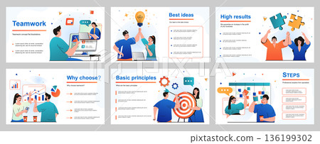 Teamwork concept for presentation slide template. People work together, generate ideas, discuss tasks, analyze data, targeting, achieving goals, collaboration. Vector illustration for layout design 136199302