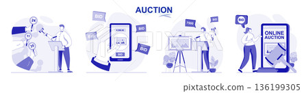 Auction isolated set in flat design. People selling and buying painting art, buyers bidding lots collection of scenes. Vector illustration for blogging, website, mobile app, promotional materials. 136199305