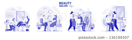 Beauty salon isolated set in flat design. People get manicure, pedicure, makeup, hairdresser works collection of scenes. Vector illustration for blogging, website, mobile app, promotional materials. 136199307