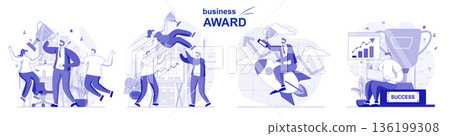 Business award isolated set in flat design. People celebrate victory, get cup, win trophies, success collection of scenes. Vector illustration for blogging, website, mobile app, promotional materials. 136199308