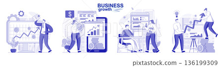 Business growth isolated set in flat design. People analyze data, success strategy, increase income collection of scenes. Vector illustration for blogging, website, mobile app, promotional materials. Business growth isolated set in flat design. People analyze data, success strategy, increase income collection of scenes. Vector illustration for blogging, website, mobile app, promotional materials. 136199309